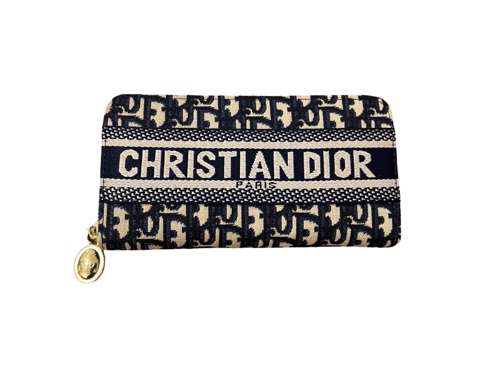 Christian Dior Paris Oblique Jacquard Zip-Around Long Wallet Navy Blue Beige
